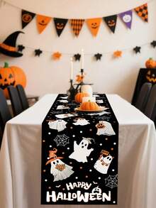 1pc 35*180cm Halloween Theme Table Runner, Cute Ghost & Spider Web Design Table Cloth, Halloween Party, Kitchen & Home Decor, Indoor & Outdoor Use, Holiday Dining Table Decoration, Halloween Party Supplies - Multicolor - View 6