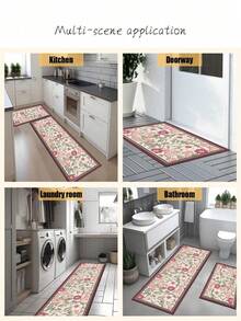 1pc Soft Rubber Water-Absorbing Kitchen Mat, 3.5mm Thick Absorbent Rug For Large Or Small Area, Vintage French Floral Design Silicone Rug With Retro Handpainted Flowers On Beige Background, Accented By Burgundy Geometric Borders, White And Pink Blooms With Green Leaves, Delicate And Pastoral For Room Decor - Multicolor - View 5