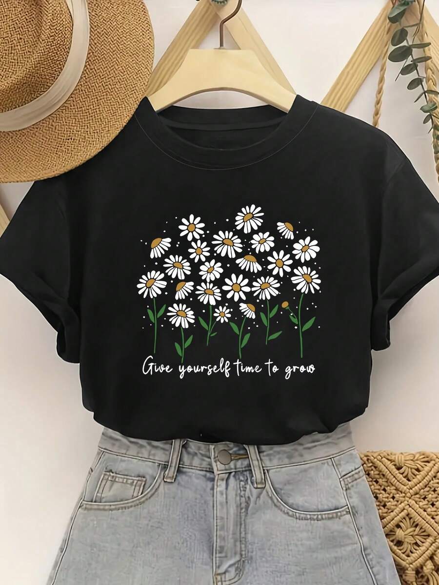 Plus Size Printed T-Shirt For Women - Casual Short Sleeve Top With Round Neck, Perfect For Spring And Summer, Machine Washable, Elegant Party Outfit, T-Shirt For Elegant Ladies, Blouses Suitable For Curvy Women, Prom Skirts, Casual Wear - 黑色 - 查看 1
