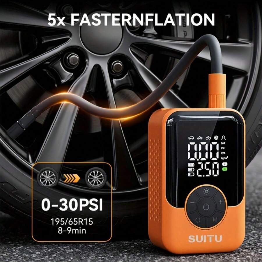 SUITU Pompa Ban Portabel, Pompa Sepeda Nirkabel Cepat, Kompresor Udara Mini + Kabel Daya Mobil 3M Gratis, Pompa Udara Portabel 150PSI dengan Pengukur Tekanan Digital, Peng charger Portabel 7.4V 1500mAh