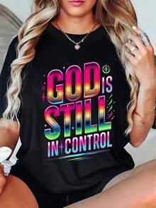 Plus Size, Women's God Is Still In Control Christian-Shirt - Neon Pink, Soft Everyday Tee, Bible Study & Casual Outfits - Washable Faith Apparel, Clothes Ladies, Geometric Design Shirt, Comfortable Fabric Top, Faithbased Clothing, Breathable Shirt, Inspirational Apparel, Faith Community - 黑色 - 查看 6