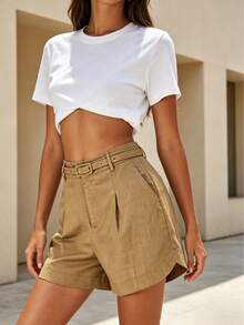 Women's Mid-Rise Shorts With Adjustable Belt And Metal Buckle, Front Pleat Design, Side Pockets And Structured Tailored Cut, Ideal For Everyday Wear, Office And Semi-Formal Outings - Coffee Brown - View 1