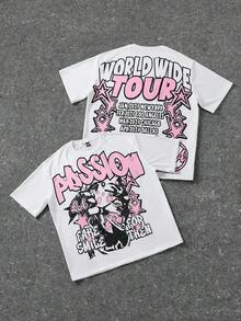Camiseta de verano para hombre de talla grande, estilo y2k  Manfinity Streetrush, camiseta de manga corta con cuello redondo y estampado de letras y estrellas, camisetas gráficas de verano, camisetas gráficas blancas, camisetas para hombre con estampado de doble cara, camisetas gráficas, camiseta de la gira mundial, 100% algodón puro. - Blanco - Ver 7
