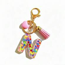 Bộ 26 móc khóa chữ cái đầu tiên bằng nhựa epoxy đỏ, móc khóa hình trái tim dễ thương có tua rua, phụ kiện trang trí túi xách và ví thời trang, quà tặng dự tiệc, thích hợp để tặng bạn bè. - Hồng - Xem 10