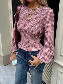 Camisa de manga larga con cuello redondo y cintura ceñida a cuadros, conjunto navideño para mujer, blusa casual con diseño plisado, cintura ajustada, camisa a cuadros elástica - Marrón - Ver 8