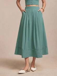 Falda de mujer con diseño de parche, bolsillo lateral y dobladillo de encaje hueco, versátil para oficina, ocasiones formales, elegante transporte urbano, casual diario, retro romántico de los 90, fiesta, invitada de boda, dama de honor, anfitriona, salida, social, cita, fiesta, concierto, ceremonia de graduación, brunch, aeropuerto - Negro - Ver 10
