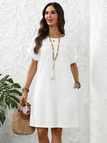 Vestido corto de mujer con cuello redondo y manga corta con estampado de líneas - Blanco - Ver 4