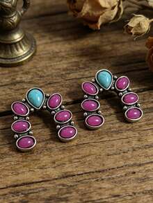 1 Pair Retro Western Style Purple & Blue Faux Turquoise U-Shaped Bohemian Earrings - Antique Silver - View 7