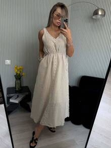 Vestido largo sin mangas vacacional, escote V profundo sexy, diseño de botones simples y cintura marcada - Albaricoque - Ver 2