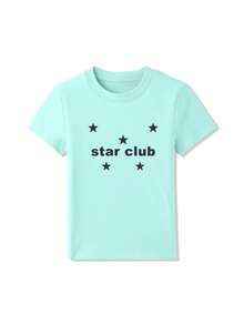 星星字母印花辣妹 Y2K 女款短袖 T-shirt，夏季修身版常規肩寬薄荷綠上衣休閒款 - 薄荷綠 - 查看 9