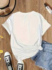 Women's Fashion Graphic Print Short Sleeve T-Shirt, Headphone Print "MUSIC CALMS MY SOUL", Orange, From Local Warehouse, Combines Western Music Inspired Themes, For Music Fans, Sizes S-XXL, Loose And Comfortable, Summer Top, Soft And Cozy, Simple For Everyday Wear. - 白色 - 查看 2