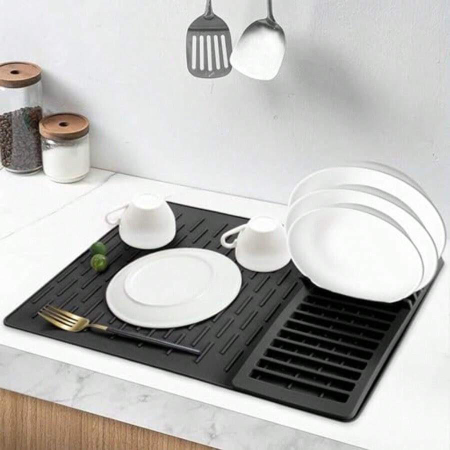 Tapete de Silicona para Secar Platos, Escurridor de Trastes para Cocina, Tapete de Secado para Encimera de Cocina, 48.5CM x 33.5CM Antideslizante Estera de Secado, Encimera, Fregadero - negro - Ver 1