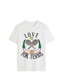 Women's 100% Cotton Summer Top, Tennis Love Print, Comfortable, Loose-Fitting, Heavy, Breathable, American College Style, Short Sleeves, Perfect For Tennis And Summer Outings With Friends. - 白色 - 查看 2