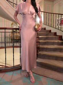 Elegant Women's Long A-Line Dress, Deep V-Neck Knitted Fabric, Ruffle Sleeves, Flared Hem Design, Twist Detail, Suitable For Party Wear Summer Pink - Pink - View 4