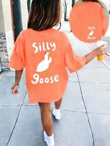 Tween Girl "Silly Goose" Cartoon Goose Print T-Shirt, Soft And Comfortable Fabric, Suitable For Girls Outdoor Sports, Daily Wear, Street Style, Campus Style, Fashionable Girls Spring/Summer Casual Versatile Top - Coral Orange - View 3