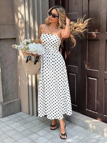 PariChic Vestido de tirantes con estampado de lunares al estilo francés para vacaciones y uso casual, primavera/verano - Blanco - Ver 4