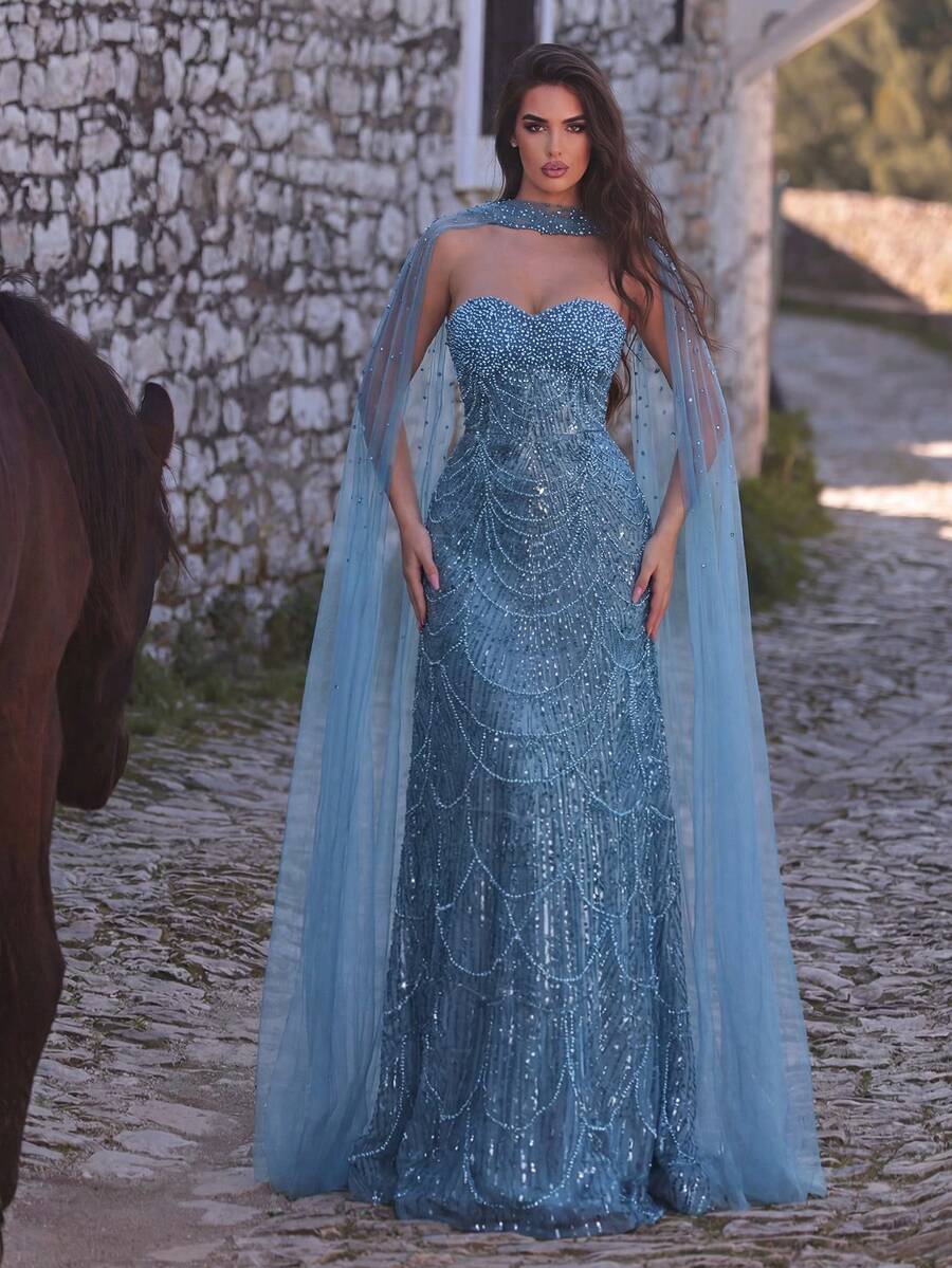 Faeriesty 亮片閃耀美人魚晚禮服附透明披肩，優雅高貴正式場合穿著，秋季款