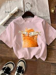Women's Casual Summer T-Shirt With Small Orange Cat Fishing Print, Fashionable Short Sleeve, Casual Round Neck, Women's Clothing - 綠色 - 查看 11