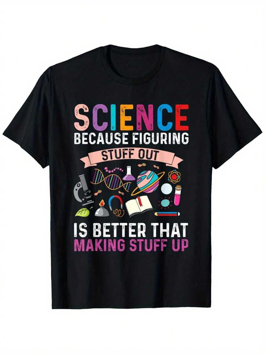 Men's Science-Themed T-Shirt With Equations/Graphs Of Chemistry, Physics, Biology And Mathematics - 100% Breathable Cotton Short-Sleeve T-Shirt For STEM Students, Teachers, Scientists - Casual Crew Neck T-Shirt For All Seasons. - 黑色 - 查看 1