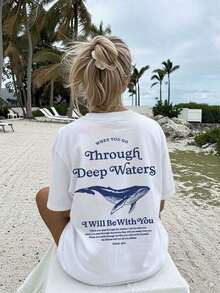 When You Go Through Deep Waters Whale Print 100% Cotton Crew Neck Casual Tee, Women's Christian Faith Short Sleeve T-Shirt Y2K Style Activewear, Crew Neck, 100% Cotton, Soft Fabric, Short Sleeve. - 白色 - 查看 3