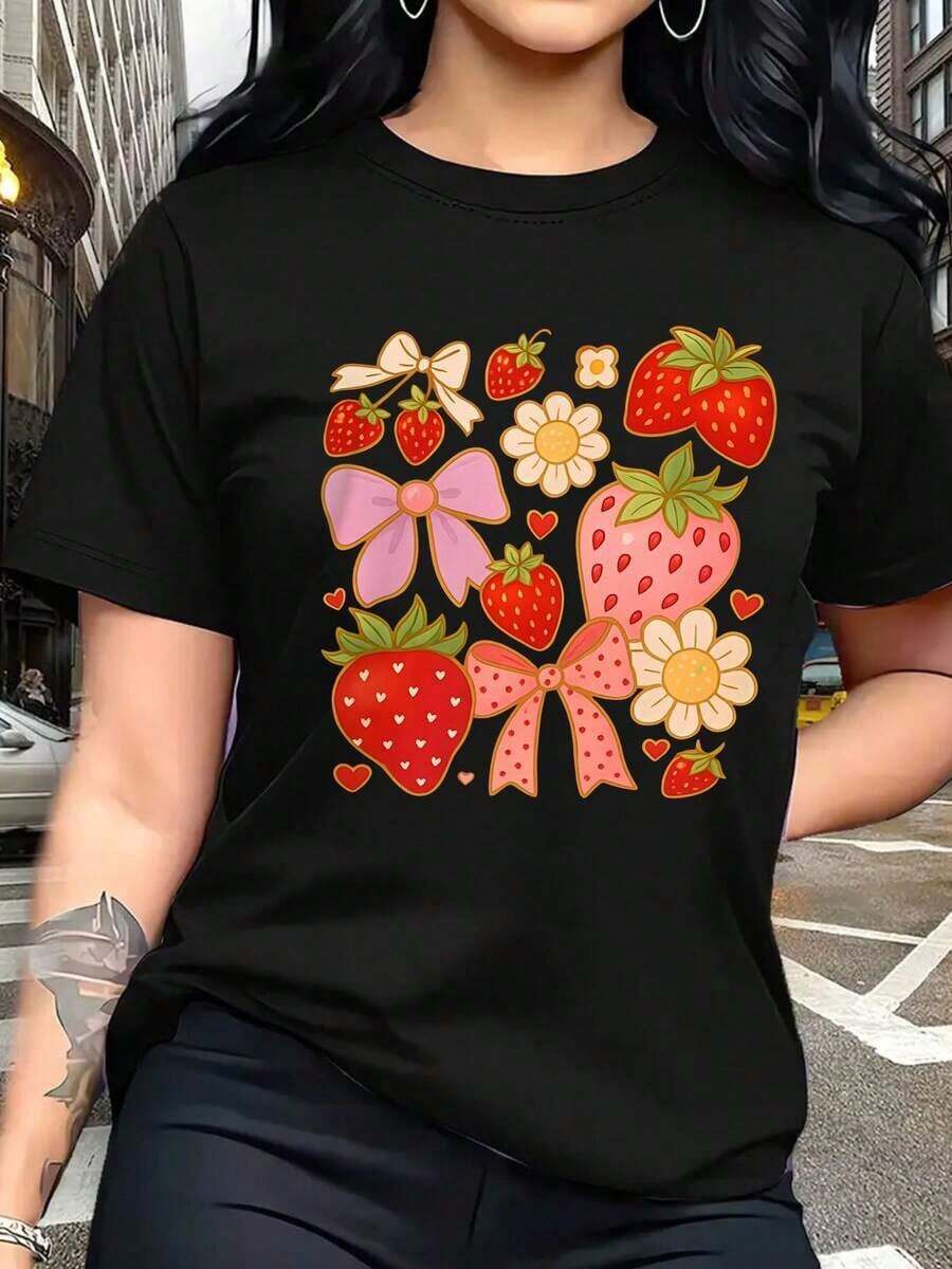 Women's Fashion Graphic Print Short Sleeve Tee, Round Neck T-Shirts, Casual Tops For Ladies With Rose, Strawberry, Flower, And Heart Prints, Casual Short Sleeve Printed T-Shirts For Women, Red Blouses For Women, Graphic Blouses For Women. 100% Cotton. Comfortable And Soft Short Sleeve T-Shirt For Everyday Wear. - 黑色 - 查看 1