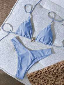 Swim Mod Conjunto de bikini de mujer con tirantes finos, unicolor y decoración metálica, sexy, para verano - Azul 3 - Ver 1