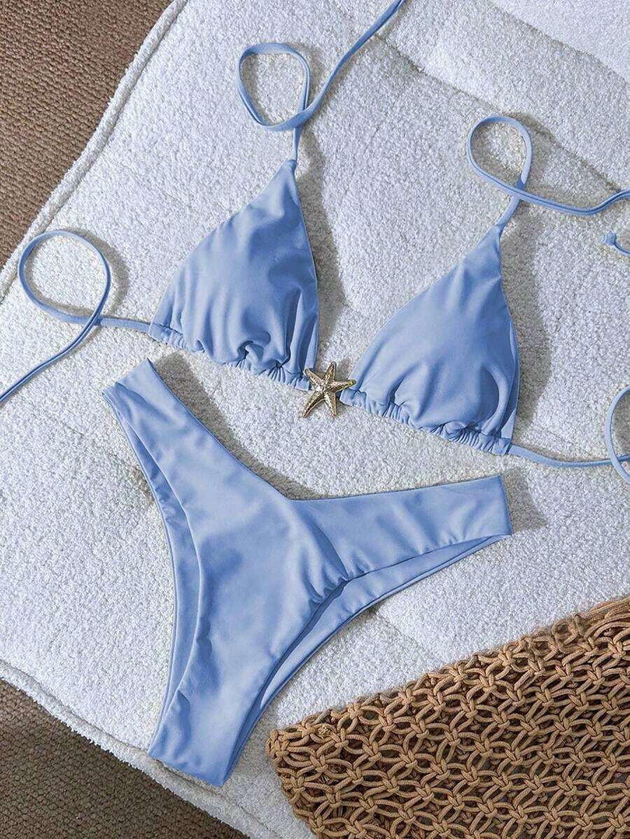 Swim Mod Conjunto de bikini de mujer con tirantes finos, unicolor y decoración metálica, sexy, para verano - Azul 3 - Ver 1