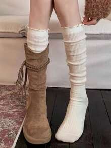 1 Pasang Kaos Kaki Bertumpuk dengan Tepi Bergelombang, Cocok Dipadukan dengan Sepatu Bot, Kaos Kaki Wanita Gaya Musim Semi/Gugur JK, Kaos Kaki Panjang Berenda Putih, Cocok untuk Sepatu Bot Panjang, Kaos Kaki Setinggi Betis - MultiWarna - View 1