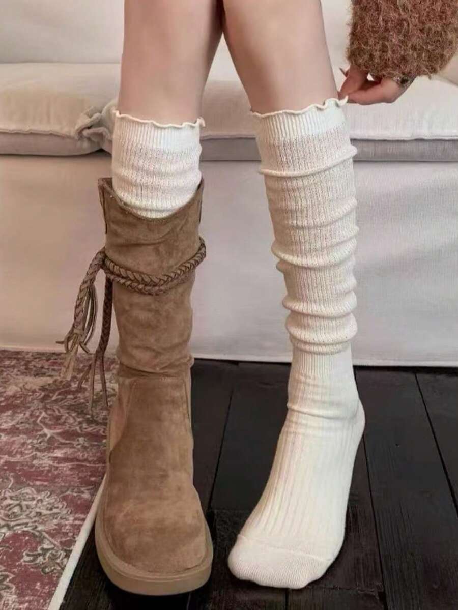 1 Pasang Kaos Kaki Bertumpuk dengan Tepi Bergelombang, Cocok Dipadukan dengan Sepatu Bot, Kaos Kaki Wanita Gaya Musim Semi/Gugur JK, Kaos Kaki Panjang Berenda Putih, Cocok untuk Sepatu Bot Panjang, Kaos Kaki Setinggi Betis - MultiWarna - View 1