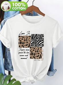 New Spring/Summer 2026 Women's Short Sleeve T-Shirt, Stylish Retro Artistic Design With Custom Lettering, Popular Animal And Floral Prints, 100% Pure Women's Short Sleeve T-Shirt, Essential Round Neck Short Sleeve T-Shirt For Spring And Summer - White - View 2