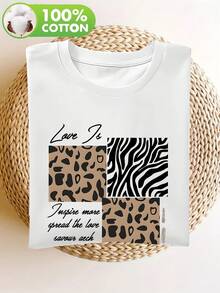 New Spring/Summer 2026 Women's Short Sleeve T-Shirt, Stylish Retro Artistic Design With Custom Lettering, Popular Animal And Floral Prints, 100% Pure Women's Short Sleeve T-Shirt, Essential Round Neck Short Sleeve T-Shirt For Spring And Summer - White - View 3