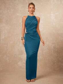 xheLumalex Vestido ajustado con cuello redondo, fruncido y decoración metálica cruzada para mujeresxhe - Agua verde azul - Ver 5