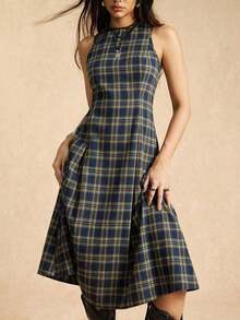 AYYEaselle Vestido de cuadros sin mangas con recogido en la cintura y silueta evasé para mujer, vestido de cuadros a media pierna, vestido de cuadros para mujer, vestidos de estilo francés para mujer, vestidos para mujer ElenzgaAYY - Multicolor 2 - Ver 8