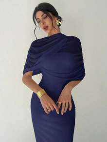 xheFirerie Vestido largo elegante y romántico con cuello de volantes sólido amarillo, cintura plisada asimétrica, ajustado, apropiado para la playa, el aeropuerto, las vacaciones y el trabajoxhe - Azul marino - Ver 3