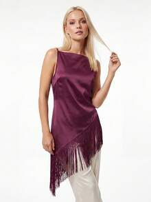 Women Summer Satin Camisole Casual Asymmetrical Tassel Spaghetti Straps Tank Tops for Club Streetwear - Rojo violeta - Ver 4