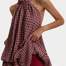 . .  Vestido corto de verano para mujer con cuello halter, espalda descubierta y volantes con estampado de cuadros - Rosa - Ver 9
