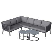 Conjunto de comedor de jardín, muebles de patio, 6 personas, configuración en esquina, hierro galvanizado, tablero de cristal, cuerda trenzada a mano, incluye dos mesas de centro y un sofá, gris - Gris - Ver 12