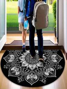 1pc Semi-Circular Floor Mat With Mandala Pattern – Easy-To-Clean Black And White Entryway Mat Suitable For Front Doors, Kitchens, Gardens, And Patios - A - View 2