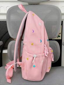 Macaron Star Moon Heart Print Nylon Backpack, Wide Pressure-Relieving Shoulder Straps, Multi-Layer Large Capacity, Commuting Casual Travel Style - Multicolor - View 6