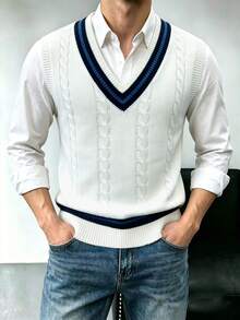 Men's V-Neck Knit Vest Sweater, Solid Color, Casual Daily Wear, Commuting - White - View 1