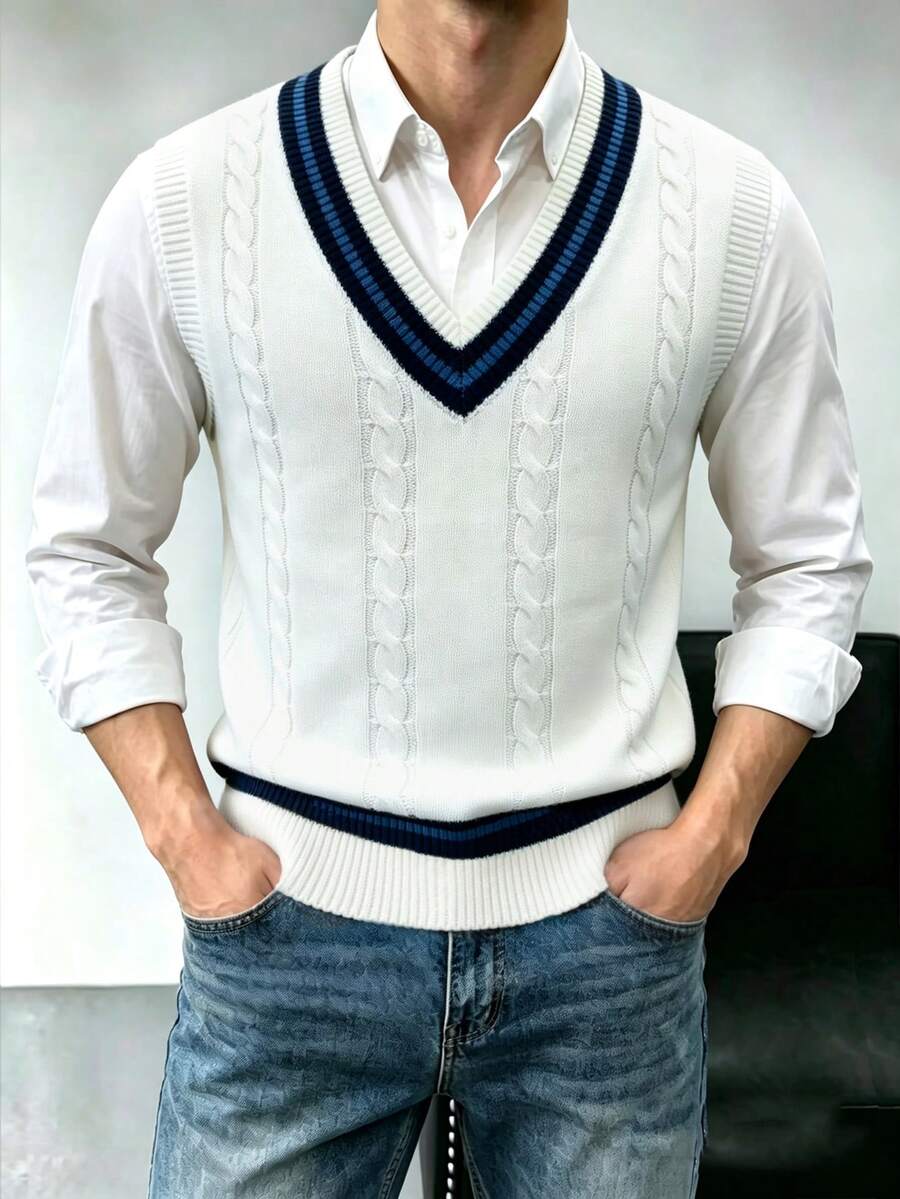 Men's V-Neck Knit Vest Sweater, Solid Color, Casual Daily Wear, Commuting - White - View 1