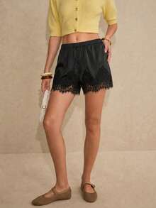 Women's Plus Size Black Satin Lace Trim Shorts, 2-In-1 Wearable Or Anti-Exposure Undershorts, Home Sleep Shorts Summer - Black - View 4