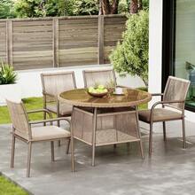 Modern Rattan Garden Furniture Set, Including A Round Glass Table And Four Armchairs, With An Iron Frame. Ideal For A Terrace, Balcony Or Patio. - 棕色 - 查看 4