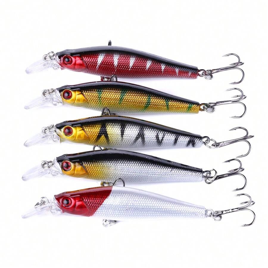 5入 8cm 8.5g 逼真釣魚路亞餌，潛水深度 0.5-2m，硬餌路亞適合鱸魚、黑魚及其他魚類