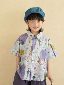 Korean Style Cute Kids Short Sleeve Floral Shirt, Purple Graffiti All-Over Letter Print, Personalized Hand-Drawn Cartoon Letter Print, Suitable For Summer Outings And Home Wear - Purple - View 1