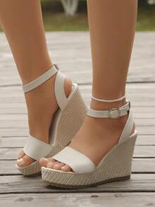 2026 Summer New Strap Wedge Increased Height Slimming Linen Woven Platform Sandals, Adjustable Buckle Strap - White - View 4