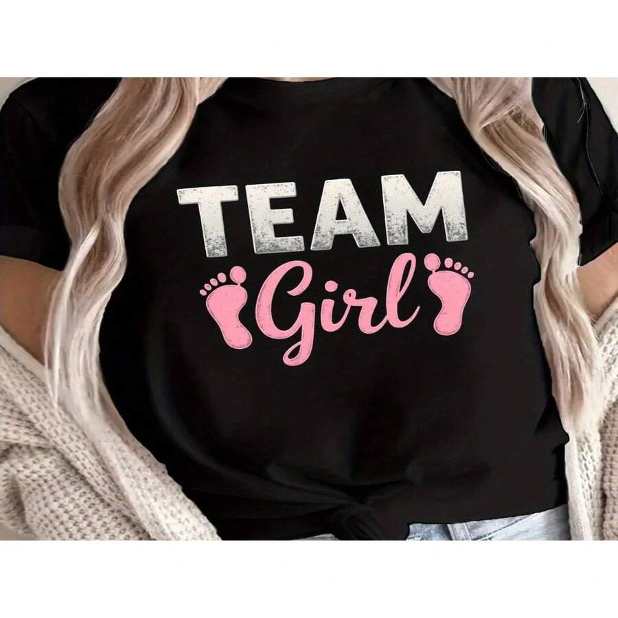Women's Camia Team Uniform Style Y1K - Casual Short Sleeve Crew Neck Top With Pink Footprints And Team Lettering, Dark Gray And Pink Geometric Design, Medium Elasticity, Machine Washable, Comfortable For All Seasons, Fan Apparel, Fun And Ma S-XXXL - 黑色 - 查看 1