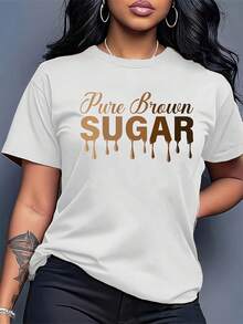 Unisex Short-Sleeved T-Shirt With A Creative Design Featuring The Words "Pure Brown SUGAR" Printed On The Crew Neck. It's Machine Washable, Comfortable, Soft, And Breathable, Suitable For Spring, Summer, And Fall. Recommended As A Loose, Casual T-Shirt. (Keywords: Men's, , Women's, Romwe Men's, Boho Chic, Teacher Gifts, Women's T-Shirt, Curvy Sets For Women, Y2k) - 白色 - 查看 6