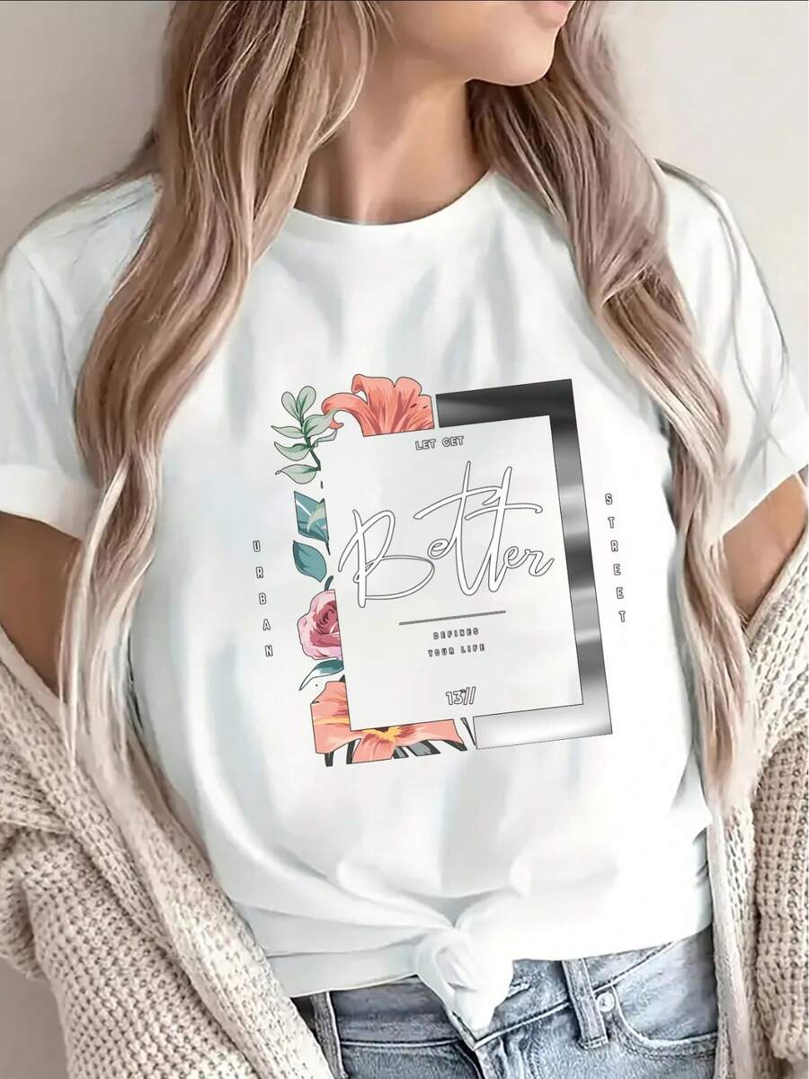 This Women's T-Shirt Features A Short-Sleeved Floral Print On A Black Background, Accented With A Stylish Text Border, Making It Perfect For Casual Everyday Wear. Its Comfortable Fit And Lightweight Material Make It Ideal For Spring And Summer. - 白色 - 查看 1
