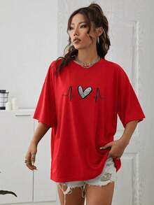 The Hottest Item Of The Summer: Pure Cotton T-Shirt, Crew Neck T-Shirt With Heart Print, Graphic Tees With Cheetah Print For Women, Stylish Pure Cotton T-Shirt. Stylish, Popular, Party T-Shirt. - 紅色 - 查看 10